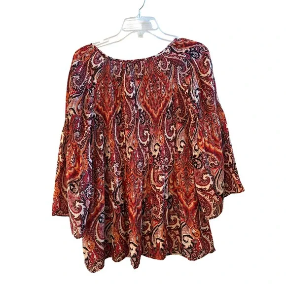 Spense Womens Multicolor Paisley Pleated Bell Sleeve Blouse Boho Size Medium - Picture 2 of 9